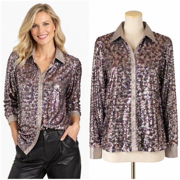 Lilypad Tops - LilyPad Sequin Button Up Shirt Size M Multicolor Sparkle Party Top